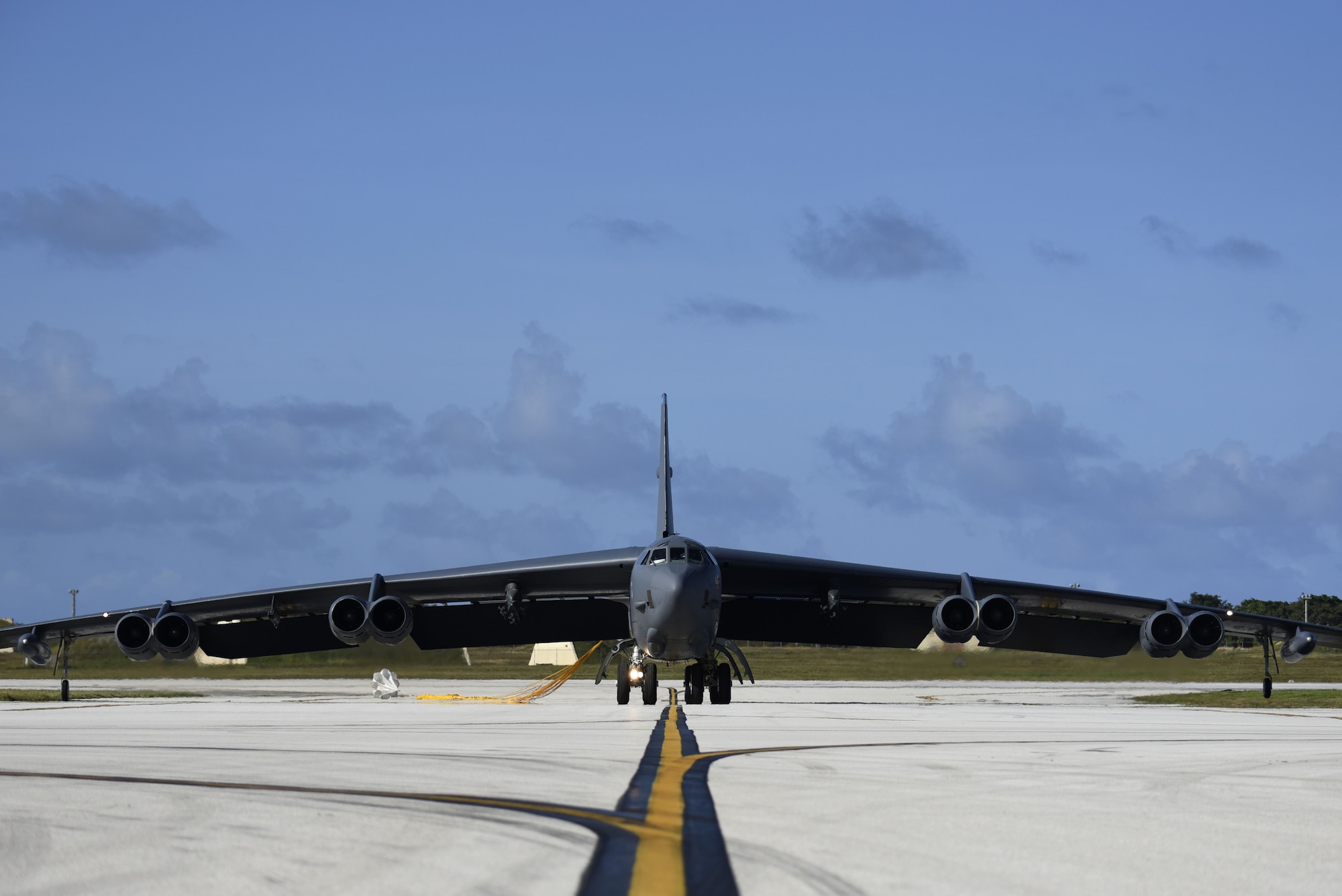 A U.S. Air Force B-52H Stratofortress bomber taxis after landing at Andersen Air Force Base (AFB), Guam, Jan. 16, 2018.