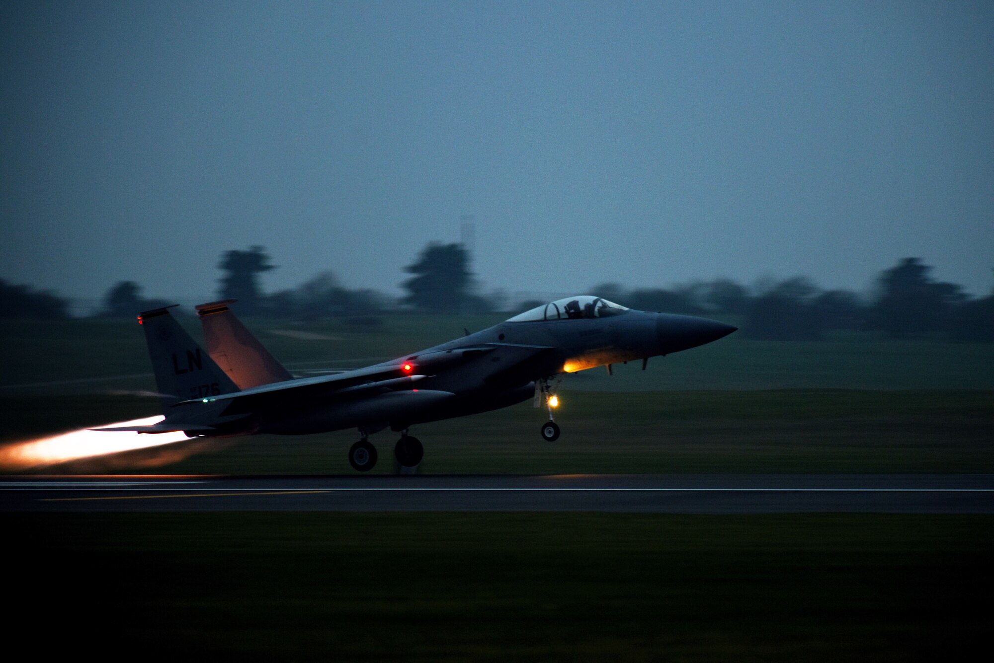 A 493rd Fighter Squadron F-15C Eagle takes off at Royal Air Force Lakenheath, England, Jan. 9. The F-15C Eagle is an all-weather tactical fighter designed to help the Air Force maintain air supremacy. (U.S. Air Force photo/Senior Airman Abby L. Finkel)