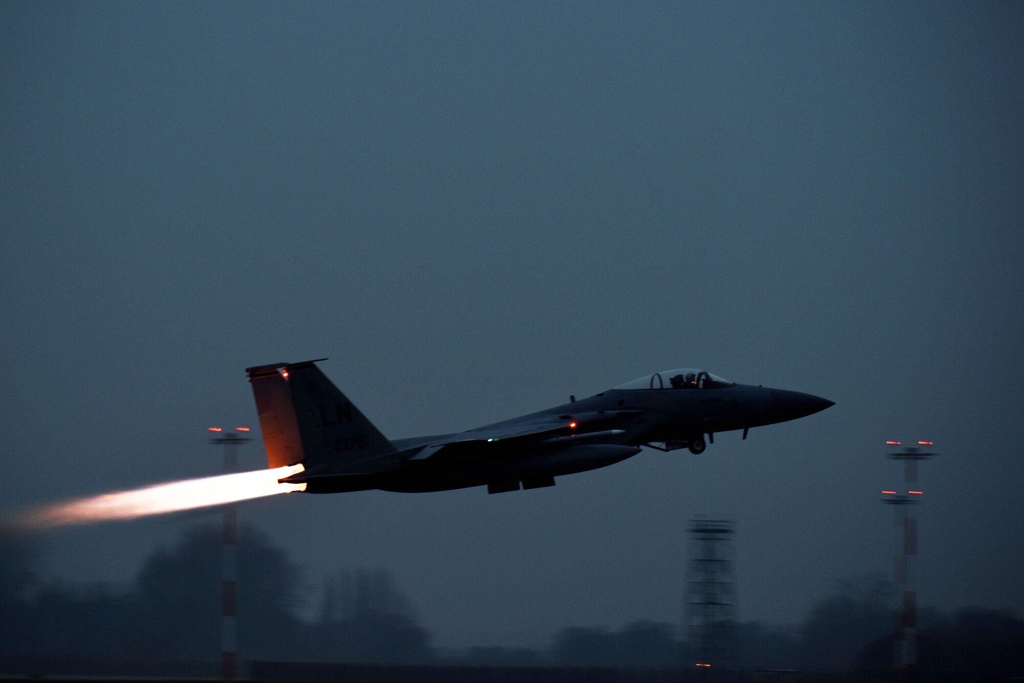 A 493rd Fighter Squadron F-15C Eagle takes off at Royal Air Force Lakenheath, England, Jan. 9. The design of the weapons and flight control systems on the one-seater fighter aircraft allow the pilot to safely and effectively perform air-to-air combat without a co-pilot. (U.S. Air Force photo/Senior Airman Abby L. Finkel)