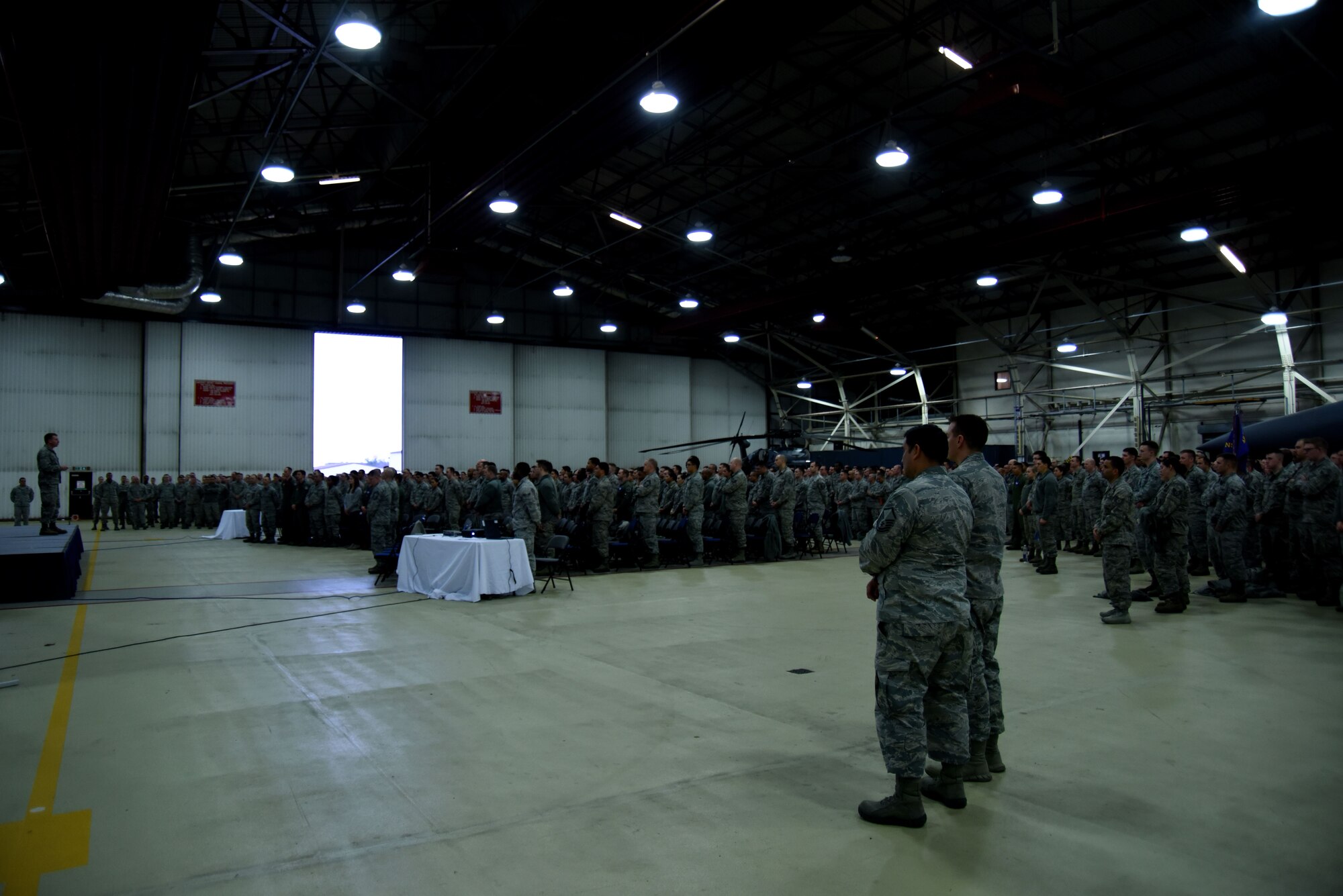 48th Fighter Wing Airmen attend the first wing all-call of the new year at Royal Air Force Lakenheath, England, Jan. 12. Wing all-calls provide a chance for Airmen to hear directly from the 48th FW commander and command chief master sergeant in a face-to-face setting. (U.S. Air Force photo/Senior Airman Abby L. Finkel)