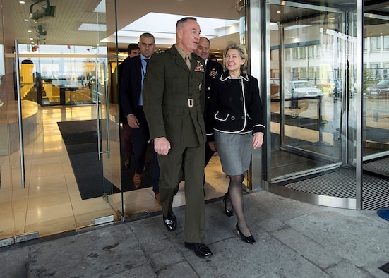 Marine Corps Gen. Joe Dunford, chairman of the Joint Chiefs of Staff, meets with Ambassador Kay Bailey Hutchison, the U.S. Ambassador to NATO, ahead of the 178th Military Committee in Chiefs of Defense Session at NATO Headquarters, in Brussels, Belgium’s capital city, Jan. 15, 2018. DoD photo by Navy Petty Officer 1st Class Dominique A. Pineiro