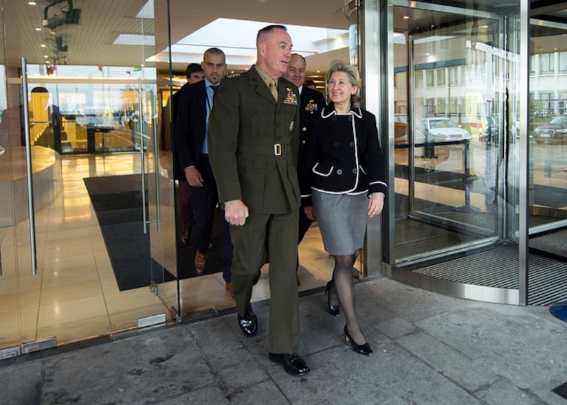 Marine Corps Gen. Joe Dunford, chairman of the Joint Chiefs of Staff, meets with Ambassador Kay Bailey Hutchison, the U.S. Ambassador to NATO, ahead of the 178th Military Committee in Chiefs of Defense Session at NATO Headquarters, in Brussels, Belgium’s capital city, Jan. 15, 2018. DoD photo by Navy Petty Officer 1st Class Dominique A. Pineiro