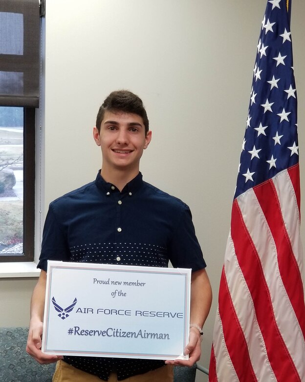 Zachary Latimer poses for a photo after becoming a Reserve Citizen Airman with the 910th Airlift Wing Jan. 12, 2018.