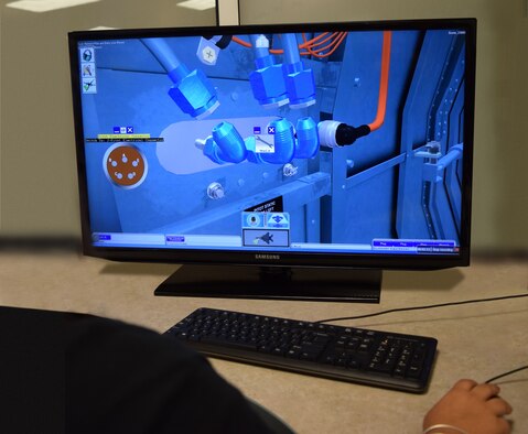 The Air Force SBIR/STTR Program supported development of a virtual aircraft maintenance trainer that is currently being adapted for the F-15E Strike Eagle. (U.S. Air Force photo/2nd Lt. Mitchell Lichtenwald)