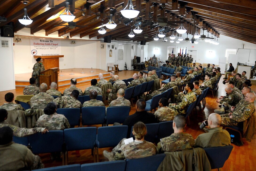 Service members gathered at the Enduring Faith Chapel to celebrate Martin Luther King Day.