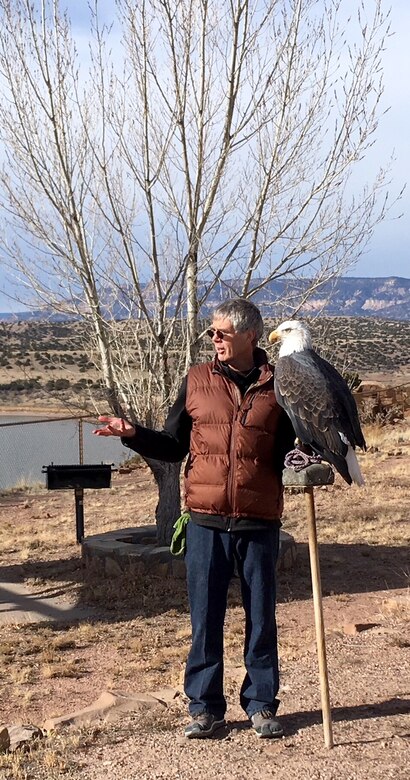 The Wildlife Center presented their captive bald eagle Maxwell to the volunteers who came out to count eagles at Abiquiu Lake, Jan. 6, 2018. They used Maxwell to highlight some of the distinguishing characteristics between golden eagles, and mature and immature bald eagles.