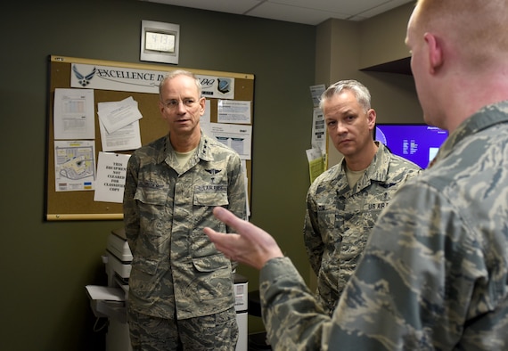Lt. Gen. Mark Ediger, U.S. Air Force Surgeon General, speaks with 92nd Medical Group Airmen during his visit to Fairchild Air Force Base, Washington, Jan. 11, 2018. The Airmen discussed their experiences with integration of the Military Health System GENISIS program, the new Department of Defense electronic healthcare record system. (U.S. Air Force photo/Airman Whitney Laine)