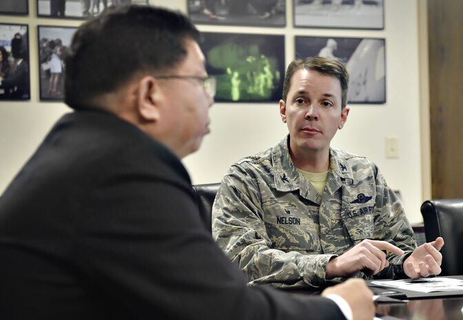 Col. Jeff Nelson, 628th Air Base Wing commander, briefs retired Republic of Korea army Lt. Gen. In-Bum Chun, on Joint Base Charleston’s mission during a visit here Jan. 16. Chun also learned about the 437th Airlift Wing mission and shared his U.S. and ROK alliance perspective during the visit.
