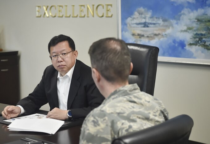 Retired Republic of Korea army Lt. Gen. In-Bum Chun speaks to Joint Base Charleston leadership during a visit here Jan. 16. Chun also learned about the 437th Airlift Wing mission and shared his U.S. and ROK alliance perspective with U.S. service members during the visit.