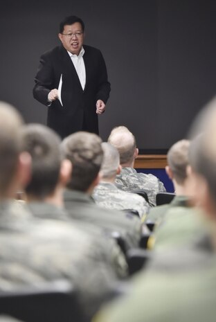 Retired Republic of Korea army Lt. Gen. In-Bum Chun shares his U.S. and ROK alliance perspective with service members at the 14th Airlift Squadron auditorium during a visit here Jan. 16. Chun also learned about the Joint Base Charleston and 437th Airlift Wing mission during his visit.