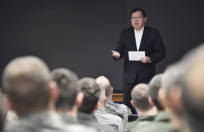 Retired Republic of Korea army Lt. Gen. In-Bum Chun, shares his U.S. and ROK alliance perspective with service members at the 14th Airlift Squadron auditorium during a visit here Jan. 16. Chun also learned about the Joint Base Charleston and 437th Airlift Wing mission during his visit.