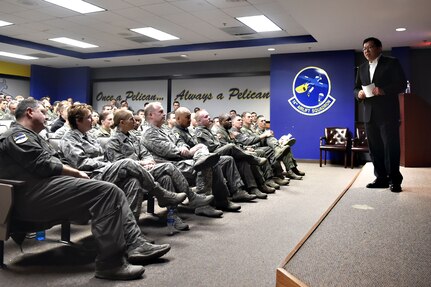 Retired Republic of Korea army Lt. Gen. In-Bum Chun, shares his U.S. and ROK alliance perspective with service members at the 14th Airlift Squadron auditorium during a visit here Jan. 16. Chun was learned about the Joint Base Charleston and 437th Airlift Wing mission during his visit.