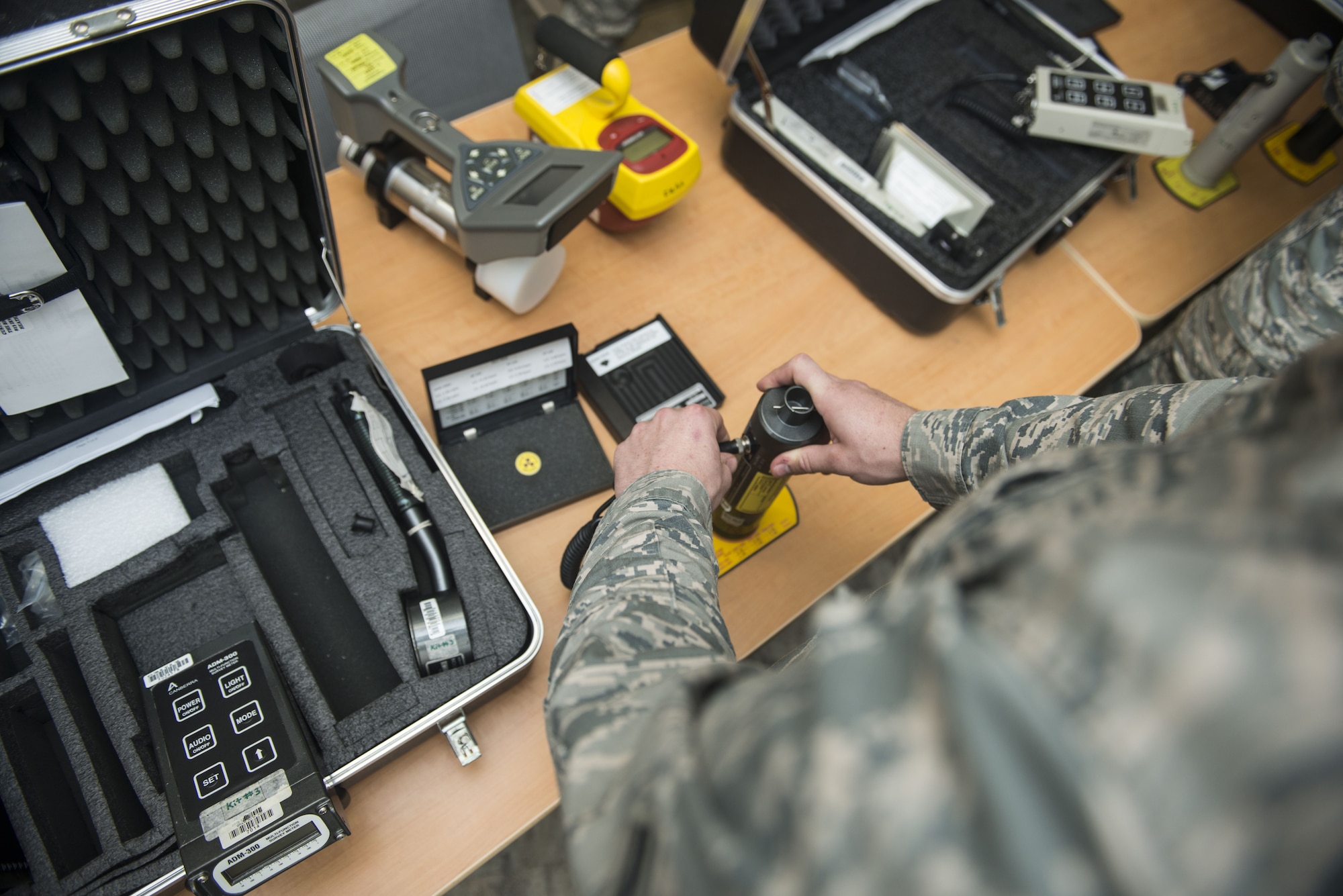 U.S. Air Force Airman 1st Class Jackson Gordon, 20th Aerospace Medicine Squadron bioenvironmental apprentice, prepares an x-ray probe for calibration at Shaw Air Force Base, S.C., Jan. 12, 2018.