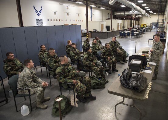 U.S. Air Force Airmen assigned to Altus Air Force Base, Okla., go through a chemical, biological, radiological and nuclear defense (CBRN) class, Jan. 10, 2018, at Altus AFB.