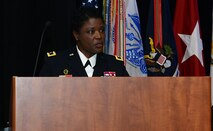 U.S. Army Brig. Gen. Donna Martin, U.S. Army Military Police School commandant, speaks to attendees at Fort Eustis’ Wylie Theater during the Dr. Martin Luther King, Jr. Birthday Celebration at Joint Base Langley-Eustis, Va., Jan. 11, 2018.