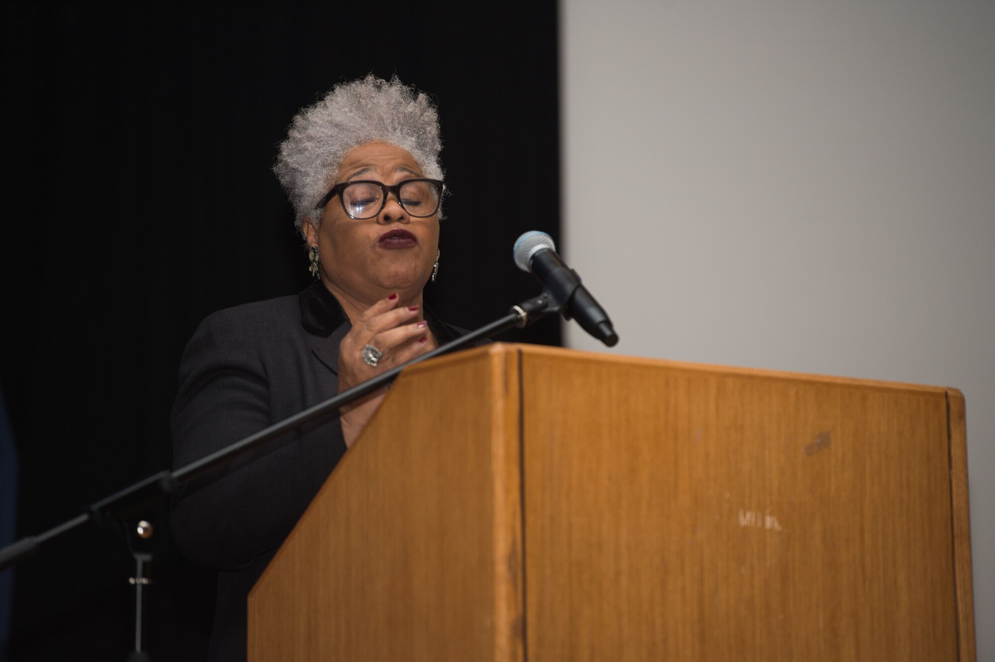 U.S. Air Force retired Chief Master Sgt. Deborah Rothwell recites the speech “Abundant Hope” by Maya Angelou during the Dr. Martin Luther King Jr. Day event at Joint Base Langley-Eustis, Va., Jan. 12, 2018.