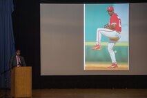 Wayne Gomes, former Major League Baseball player, gives a speech during the Dr. Martin Luther King Jr. Day event at Joint Base Langley-Eustis, Va., Jan. 12, 2018.
