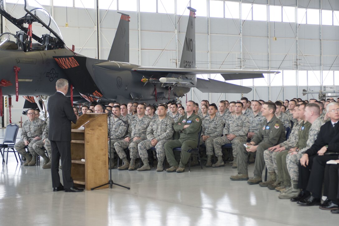 Defense Secretary James N. Mattis speaks to airmen.