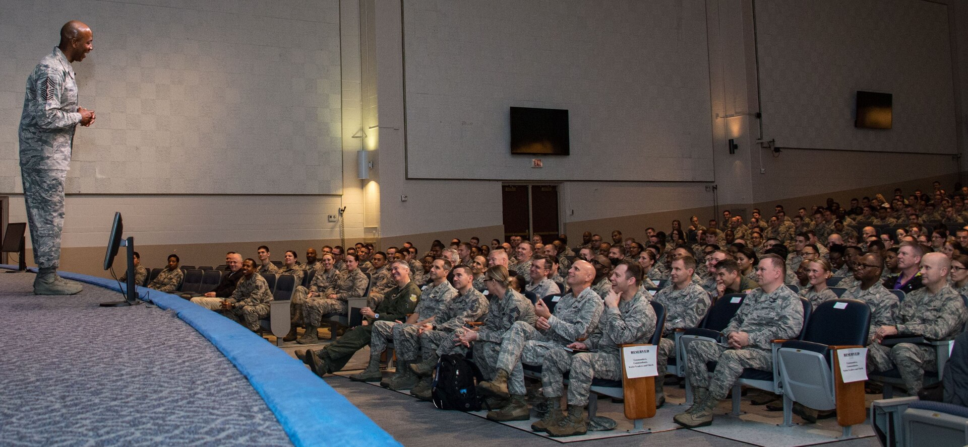 Maxwell AFB, Ala. - Chief Master Sergeant of the Air Force Kaleth O. Wright, 18th CMSAF, holds an All Call for Maxwell-Gunter personnel, Jan. 10, 2018.