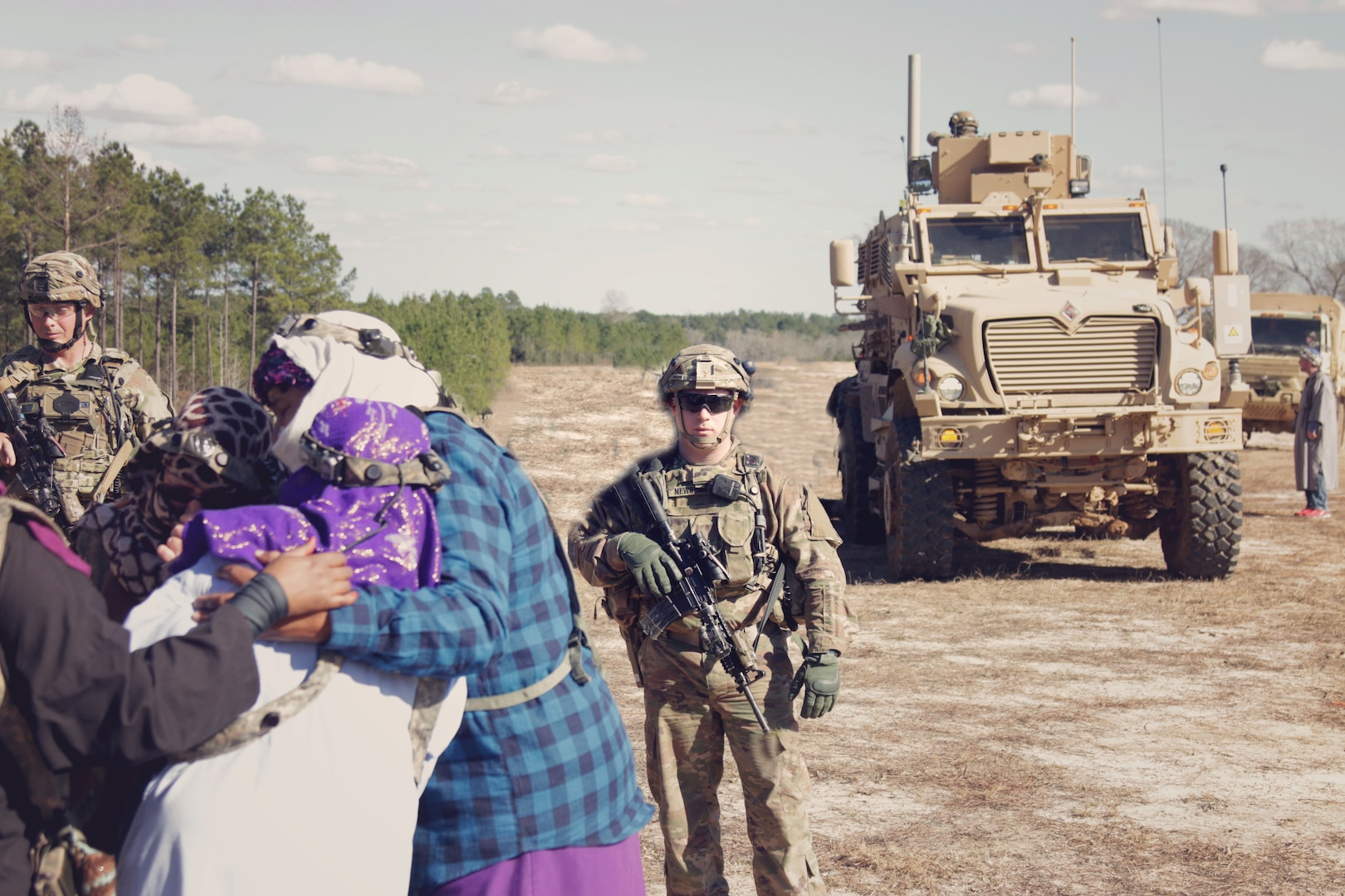 Sgt. Adam J. Newsome, a Soldier assigned to the 2nd Battalion, 1st Security Force Assistance Brigade provides security during a simulated scenario at the Joint Readiness Training Center at Fort Polk, La., Jan. 15, 2018. The JRTC rotation was conducted in order to prepare the newly formed 1st SFAB for an upcoming deployment to Afghanistan in the spring of 2018. SFABs provide combat advising capability while enabling brigade combat teams to prepare for decisive action, improving readiness of the Army and its partners. (U.S. Army photo by Staff Sgt. Sierra A. Melendez, 50th Public Affairs Detachment, 3rd Infantry Division Public Affairs)