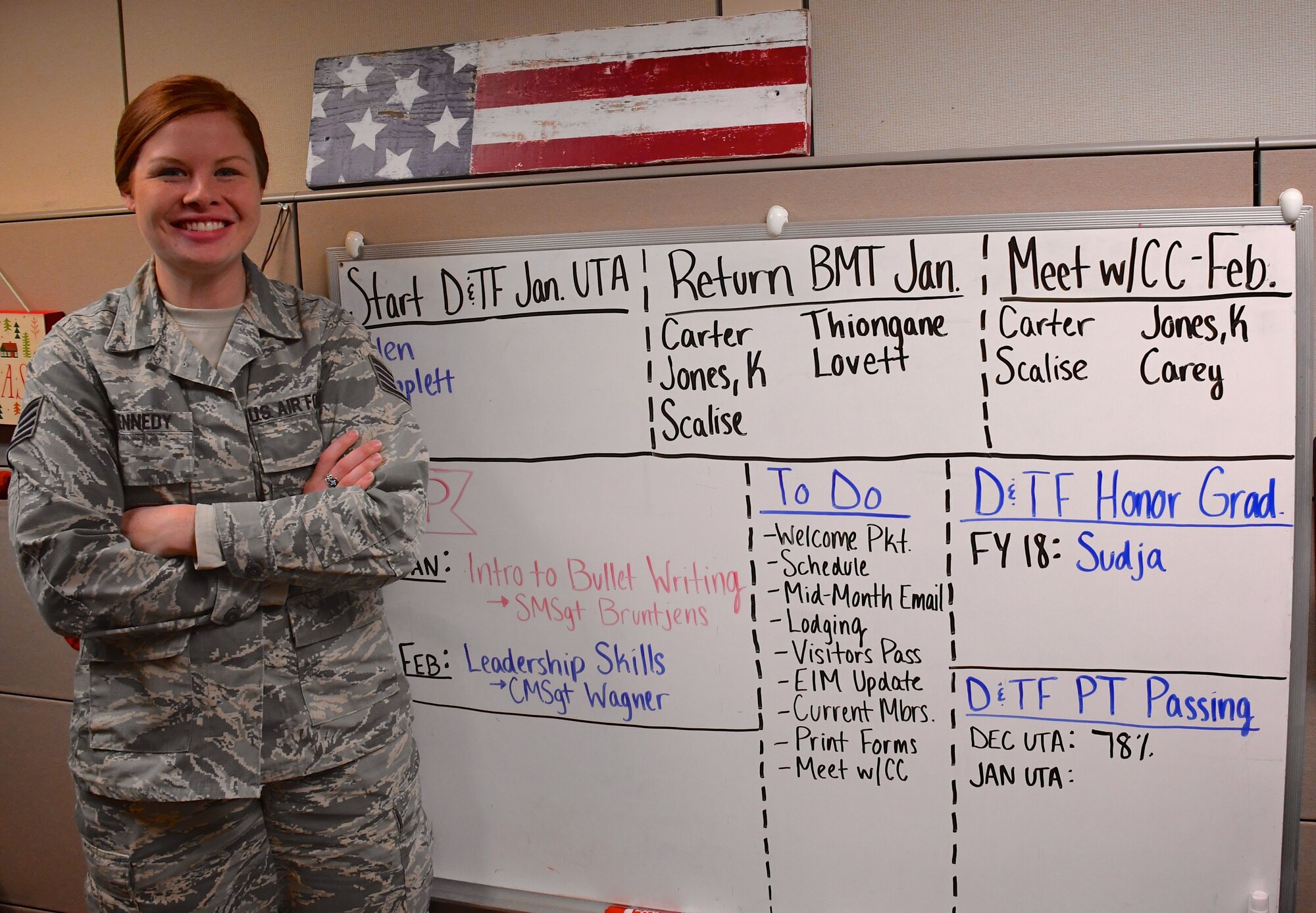 Staff Sgt. Kaitlyn Kennedy, 932nd Development and Training Flight Coordinator, looks over her "to do list" Jan. 5, 2018, at Scott Air Force Base, Ill.  She stands proudly by her project board for the month of January, keeping track of Airmen as they come and go from orientation courses to basic training.  She also helps counsel two new trainees and assists the recruiting team in the headquarters building as needed.  (U.S. Air Force photo by Lt. Col. Stan Paregien)