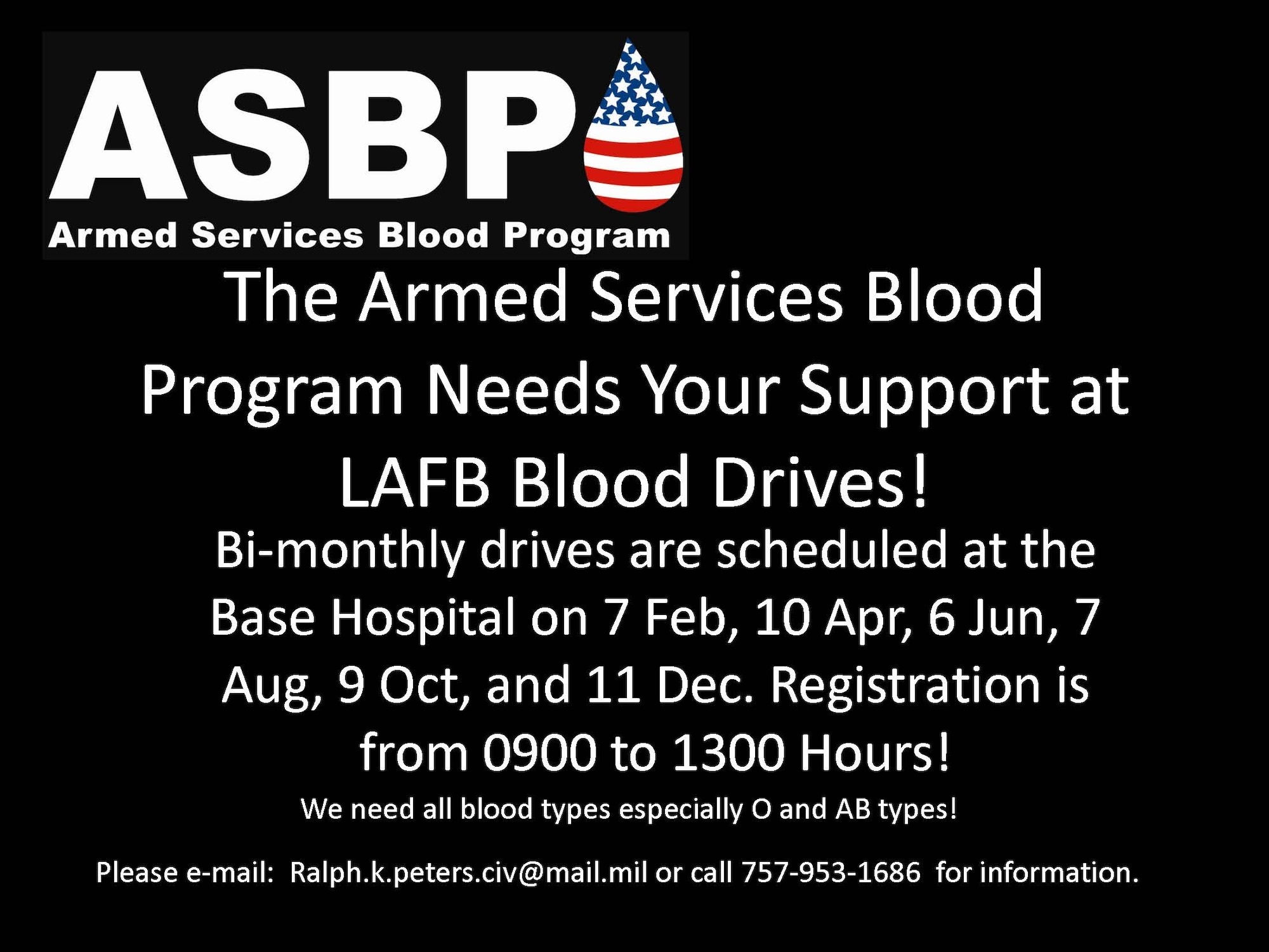 Langley Air Force base hosts blood drives bi-monthly with the Armed Forces Blood Program to support troops downrange and at home station.