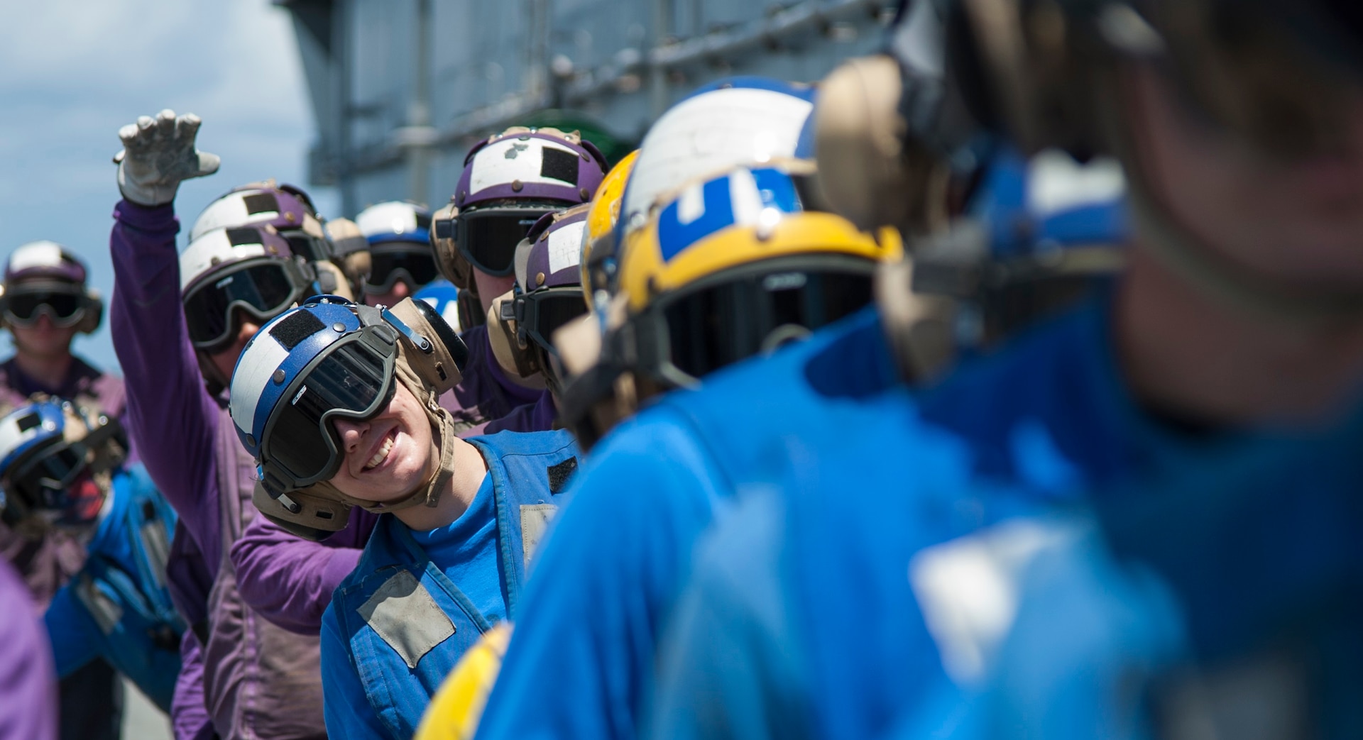 Sailors conduct aviation fire fighting drills on the flight deck aboard the amphibious assault ship USS Wasp (LHD 1) Dec. 20, 2017. Wasp is transiting to Sasebo, Japan to conduct a turnover with the USS Bonhomme Richard (LHD 6) as the forward-deployed flagship of the amphibious forces in the U.S. 7th Fleet area of operations.