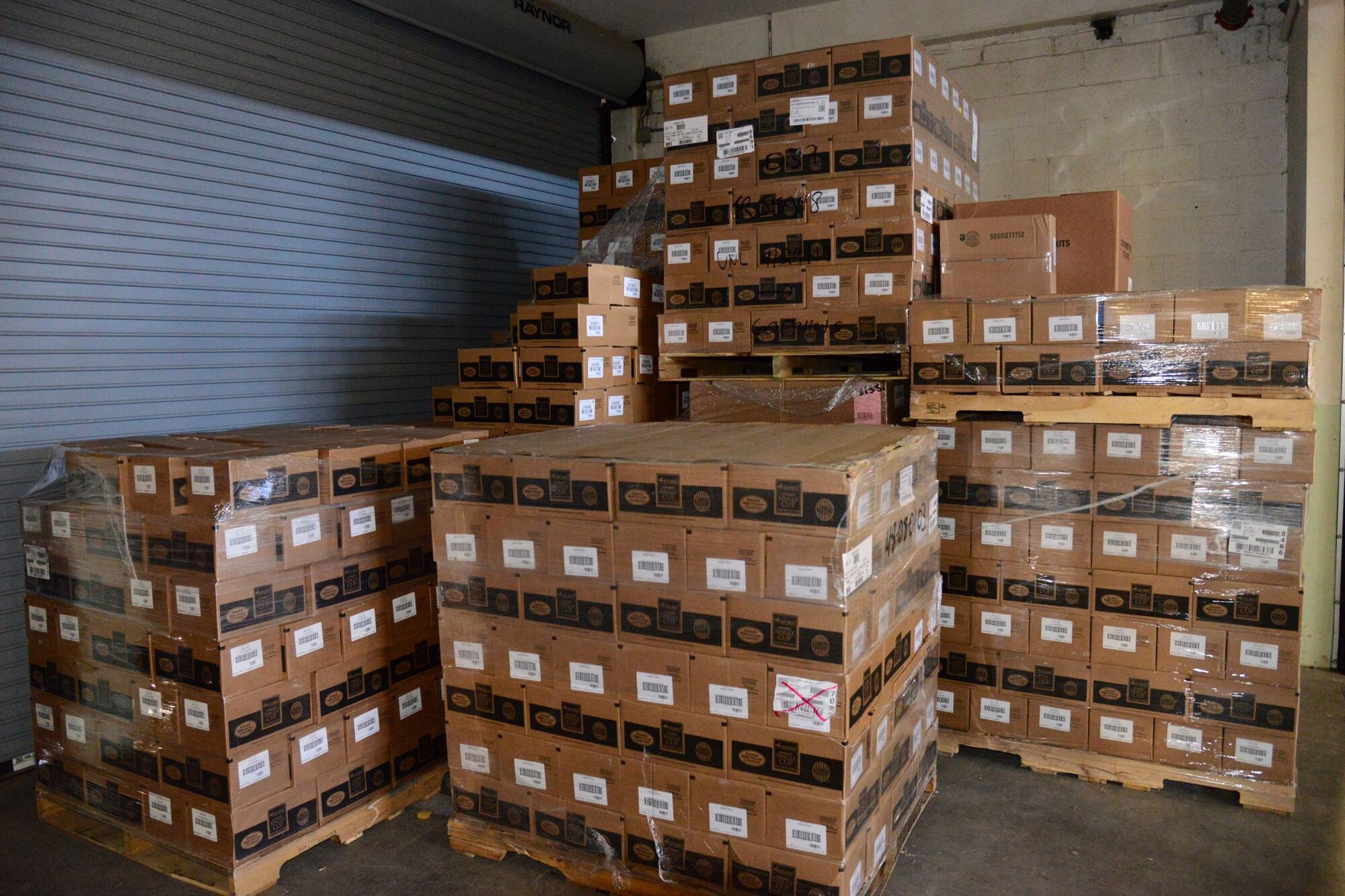 A portion of a single-serve cup delivery is stored in a warehouse bay Jan. 16, 2018, at Malmstrom Air Force Base, Mont.