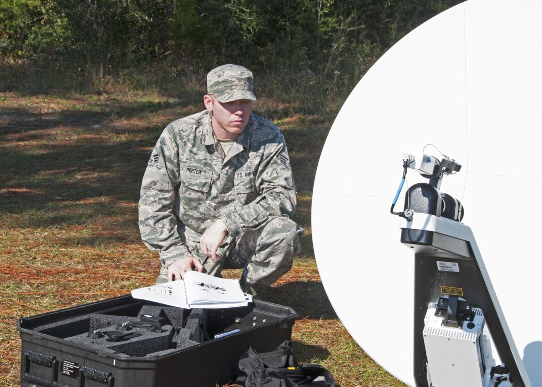 Senior Airman Matthew Porter, a 919th Special Operations Communications Squadron cyber transmissions technician, checks his training manual