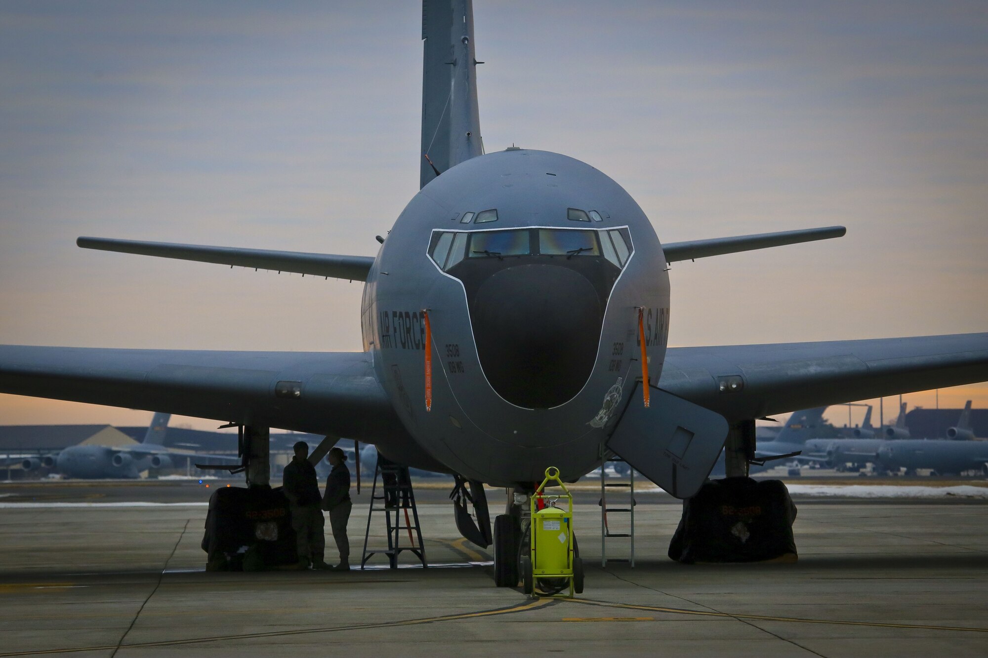 A New Jersey Air National Guard KC-135R from the 108th Wing is worked on by maintenance airmen troubleshooting fuel systems on Joint Base McGuire-Dix-Lakehurst, N.J., Jan. 11, 2018. (U.S. Air National Guard photo by Master Sgt. Matt Hecht)