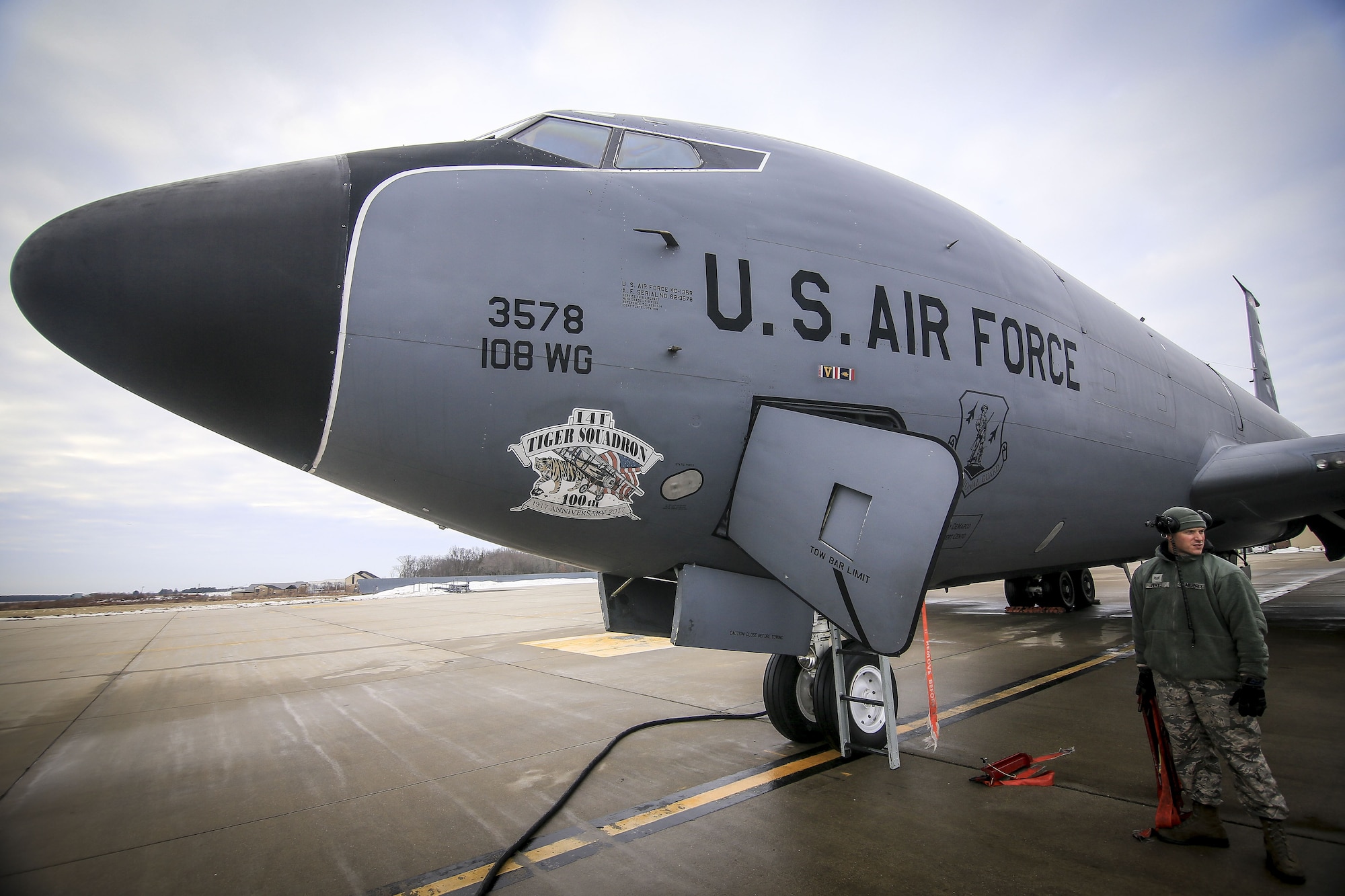 New Jersey Air National Guard Staff Sgt. Robert Cento pulls red tags during pre-flight checks on a 108th Wing KC-135R Stratotanker prior to a training flight on Joint Base McGuire-Dix-Lakehurst, N.J., Jan. 11, 2018. (U.S. Air National Guard photo by Master Sgt. Matt Hecht)