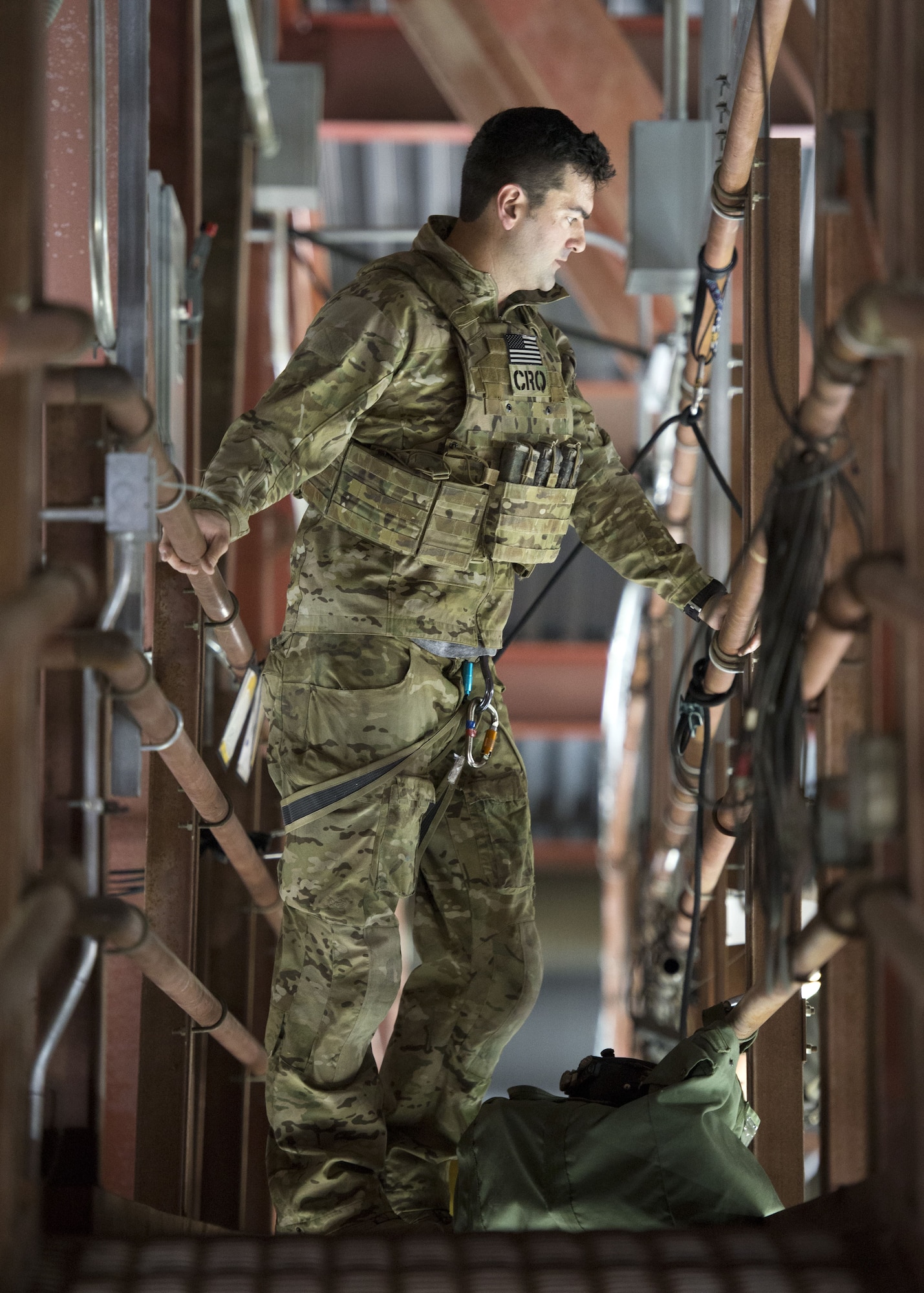 1st lieutenant Daniel Warren, 212th Rescue Squadron combat rescue officer prepares to repel at the 5th Annual Army vs. Air Force Hockey Game, Jan. 13, 2018, at the Sullivan Arena in Anchorage, Alaska. The game is played annually between teams made of service members assigned to Joint Base Elmendorf-Richardson, Alaska, promotes military esprit de corps and enhances the relationship between JBER and the Anchorage community.