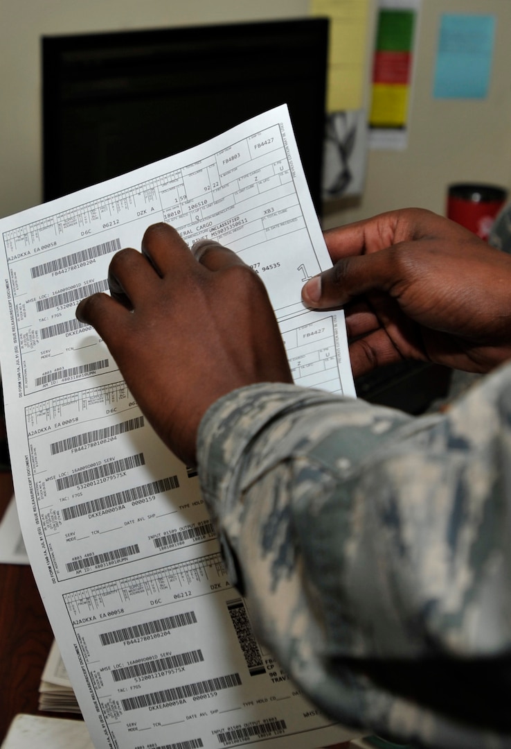 U.S. Air Force Staff Sgt. Johnson Kabubei, 20th Logistics Readiness Squadron material management aircraft parts store (APS) noncommissioned officer in charge, inspects an aircraft part document at Shaw Air Force Base, S.C., Jan. 10, 2018.