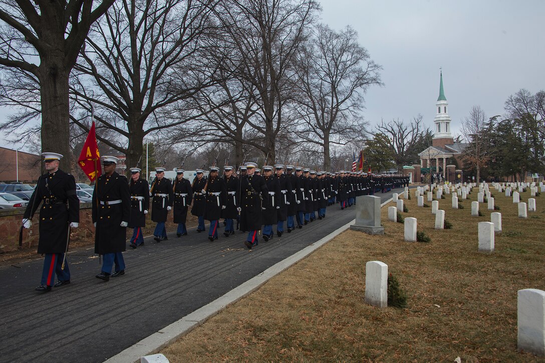 Marines with Marine Barracks Washington D.C. march in formation during a full honors funeral for Maj. Gen. Paul A. Fratarangelo at Arlington National Cemetery, Arlington, Va., Jan. 16, 2018.  Fratarangelo served his final active duty assignment as Commander, Marine Corps Air Bases, Western Area. (Official U.S. Marine Corps photo by Cpl. Robert Knapp/Released)