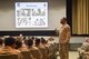 Chief Master Sgt. Anthony Johnson, Pacific Air Forces command chief, speaks with members of the 15th Wing during an enlisted all call at Joint Base Pearl Harbor-Hickam, Hawaii, Jan. 16, 2018. During his tour, Johnson spoke about the importance of readiness and Air Force policy changes. (U.S. Air Force photo by Senior Airman Michael Reeves)