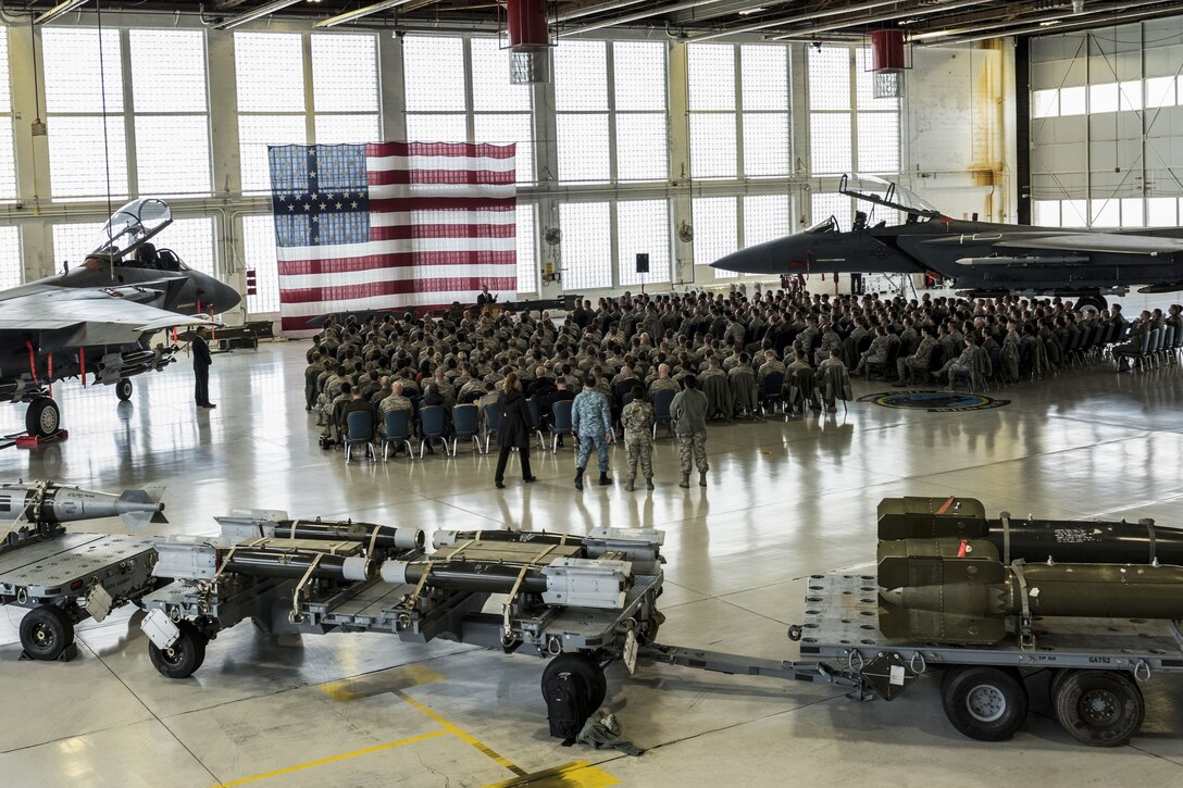 Defense Secretary James N. Mattis speaks to airmen at Mountain Home Air Force Base.