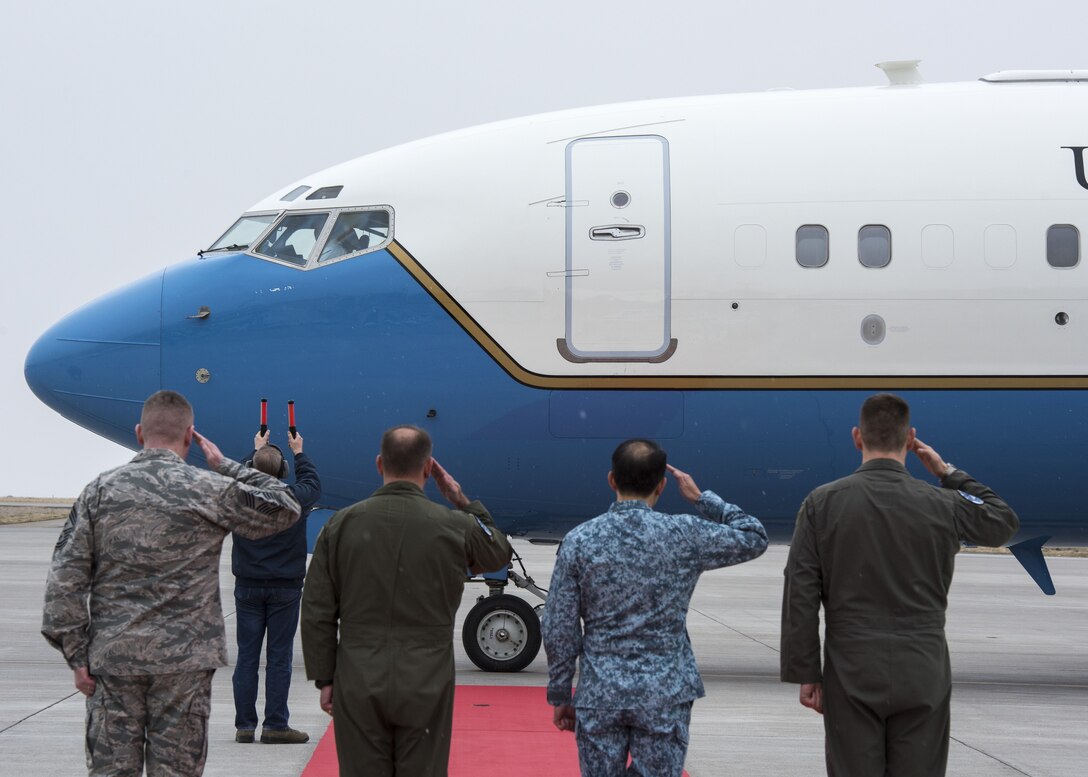 366th Fighter Wing leadership and the Republic of Singapore defense attaché await the arrival of Defense Secretary James N. Mattis at Mountain Home Air Force Base, Idaho, Jan. 16, 2018. While visiting the 366th Fighter Wing, Mattis held a town hall meeting where he answered questions about various military topics.