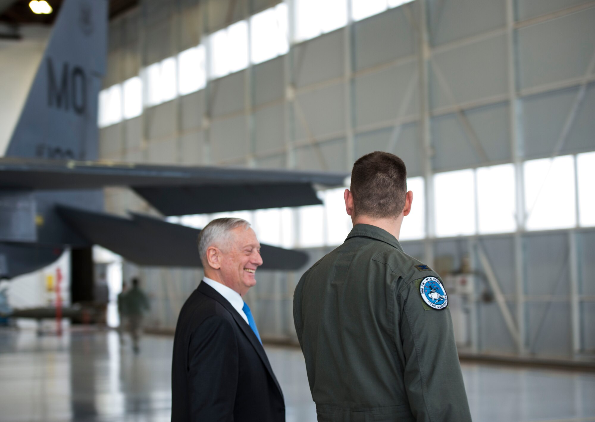 Defense Secretary James N. Mattis speaks with Col. Joseph Kunkel, 366th Fighter Wing commander, after a town hall meeting at Mountain Home Air Force Base, Idaho, Jan. 16, 2018. Mattis met with base leadership and fielded questions from Airmen during the town hall.