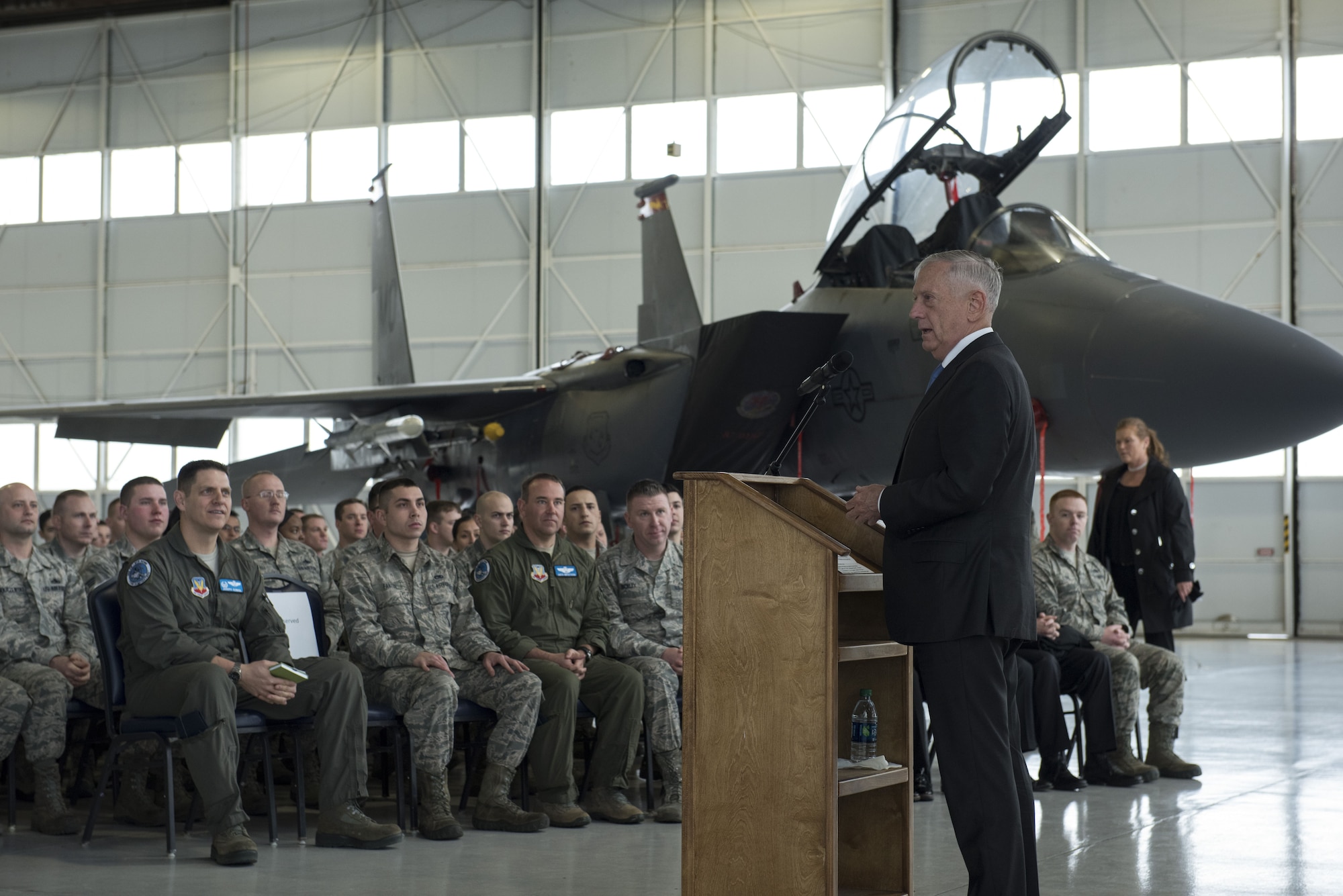 Defense Secretary James N. Mattis speaks with Airmen during a town hall at Mountain Home Air Force Base, Idaho, Jan. 16, 2018. Mattis' visit included a meeting with base leadership and a town hall where he answered Airmen's questions.