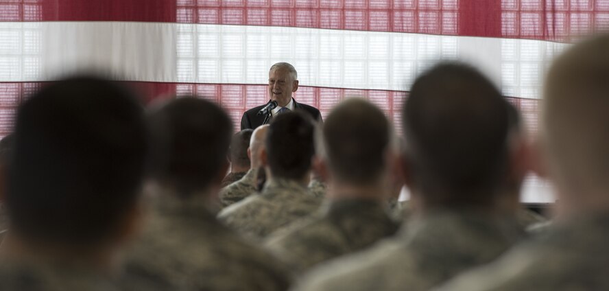 Defense Secretary James N. Mattis speaks with Airmen during a town hall at Mountain Home Air Force Base, Idaho, Jan. 16, 2018. Mattis visit included a meeting with base leadership and a town hall where he answered Airmen's questions.