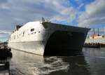 The expeditionary fast transport ship USNS Brunswick (EPF 6) departs Joint Expeditionary Base Little Creek-Fort Story in Virginia Beach, Va. Brunswick is underway for her first overseas deployment.