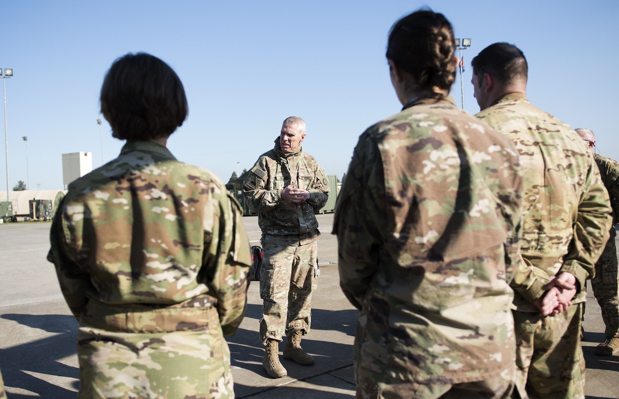 U.S. Army Maj. Gen. Victor J. Braden, 35th Infantry Division commanding general visits the Task Force Voodoo personnel at Incirlik Air Base, Turkey, Jan. 15, 2018.