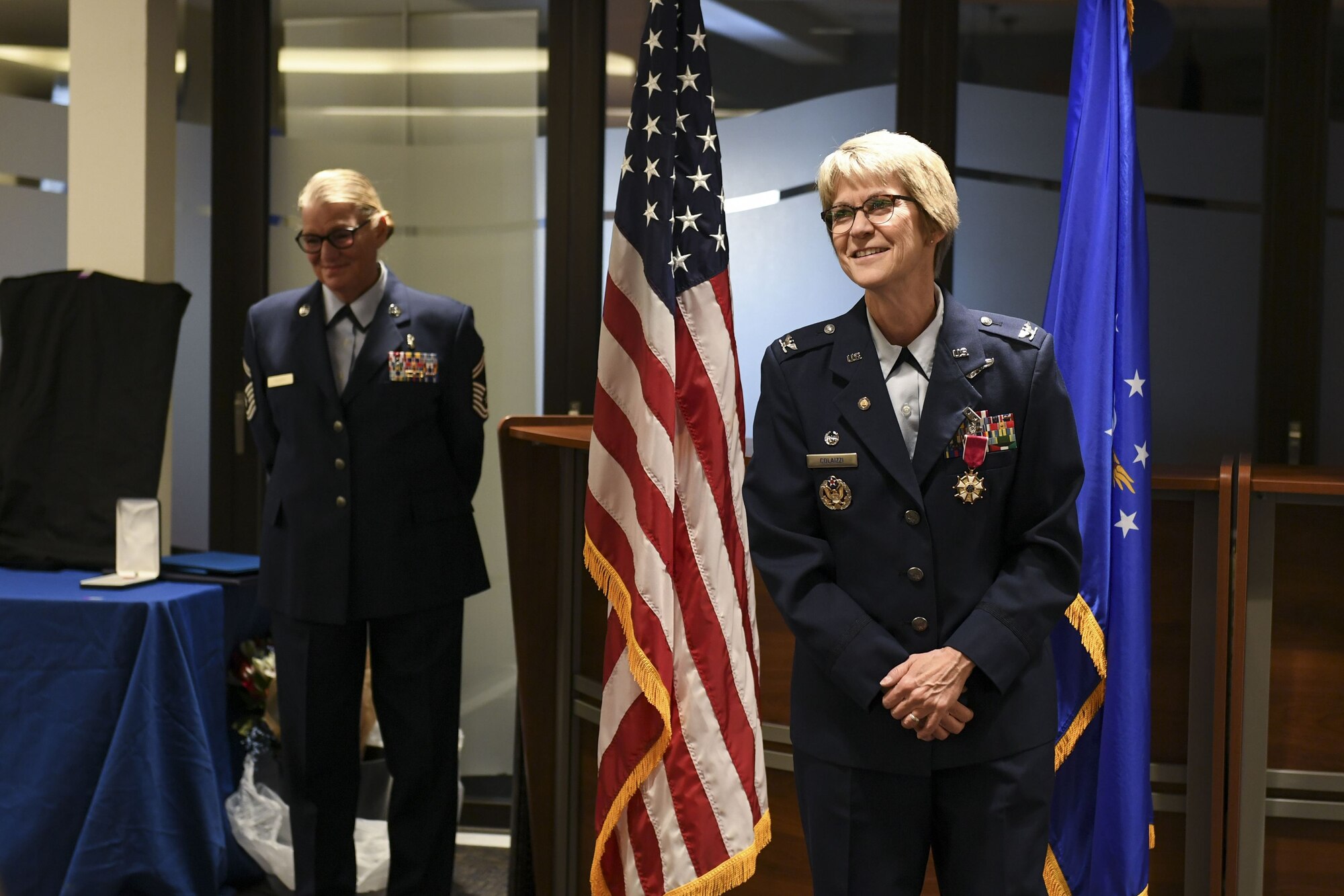 Col. Sharon Colaizzi, commander of the 911th Aeromedical Staging Squadron, speaks at her retirement ceremony at the Pittsburgh International Airport Air Reserve Station, Pa., Jan. 6, 2018. Colaizzi’s 35-year military career began Jan. 12, 1983 when she enlisted in the Air Force Reserve as an aeromedical evacuation technician. (U.S. Air Force photo by Senior Airman Beth Kobily)