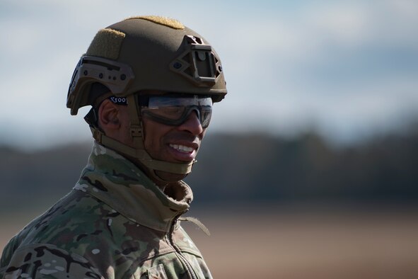Tech. Sgt. Devant Jones, 820th Combat Operations Squadron NCO in charge of logistics, walks away from returning his parachute after a static-line jump from an HC-130J Combat King II, Jan. 17, 2018, at the Lee Fulp drop zone in Tifton, Ga. The 820th BDG routinely conducts static-line jumps to maintain qualifications and ensure mission readiness. (U.S. Air Force photo by Senior Airman Daniel Snider)
