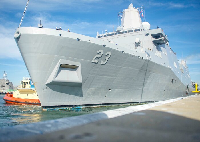 USS Anchorage leaves San Diego to participate in a recovery test for a future NASA space mission.