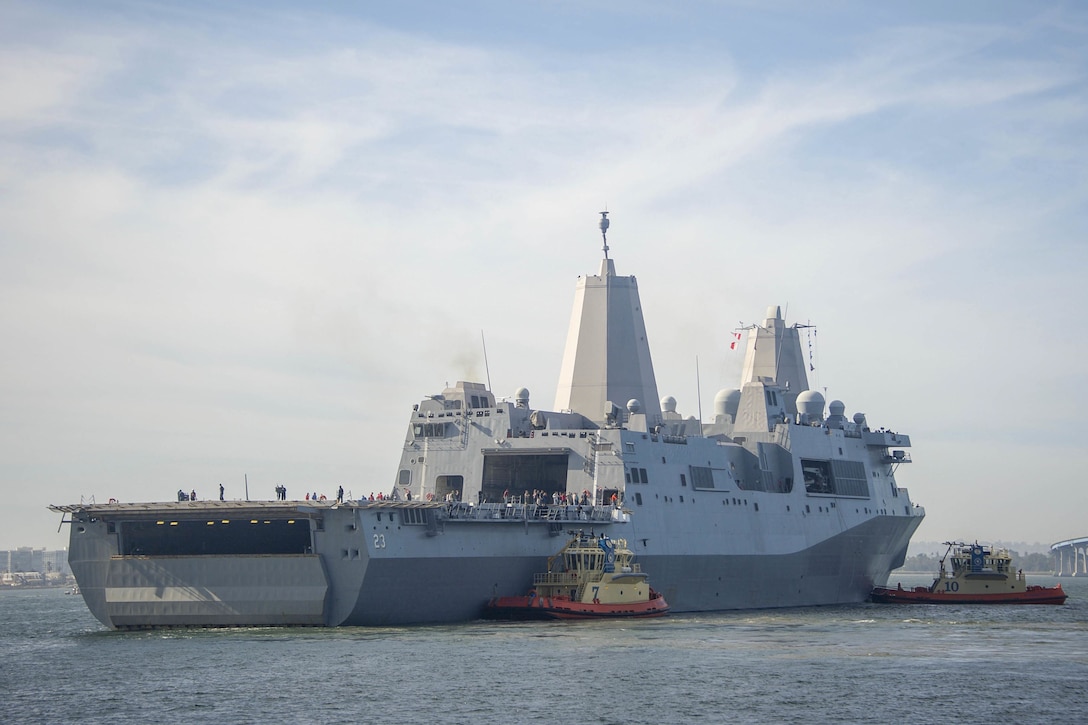 A transport dock ship leaves Naval Base San Diego.