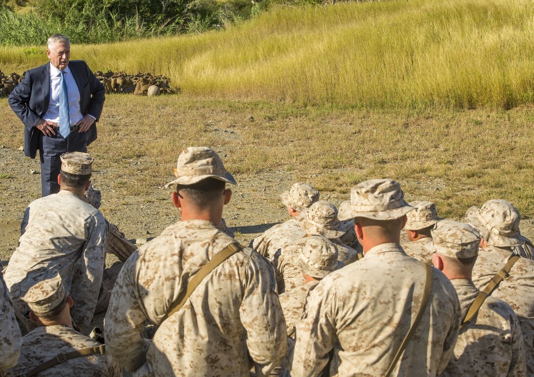 Secretary of Defense James Mattis speaks to Marines attached to U.S. Marine Corps Security Forces Company and Marines from 3rd  platoon, Bravo Co., Fleet Anti-terrorism Security Team, U.S. Marine Corps Security Forces Regiment,  in Naval Station Guantanamo Bay. Secretary Mattis was the first Secretary of Defense to visit to NSGB since 2002.  (U. S. Navy photo by Mass Communication Specialist 1st Class John Philip Wagner, Jr. /Released)