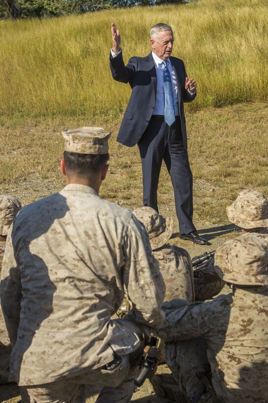 Secretary of Defense James Mattis speaks to Marines attached to U.S. Marine Corps Security Forces Company and Marines from 3rd  platoon, Bravo Co., Fleet Anti-terrorism Security Team, U.S. Marine Corps Security Forces Regiment,  in Naval Station Guantanamo Bay. Secretary Mattis was the first Secretary of Defense to visit to NSGB since 2002.  (U. S. Navy photo by Mass Communication Specialist 1st Class John Philip Wagner, Jr. /Released)