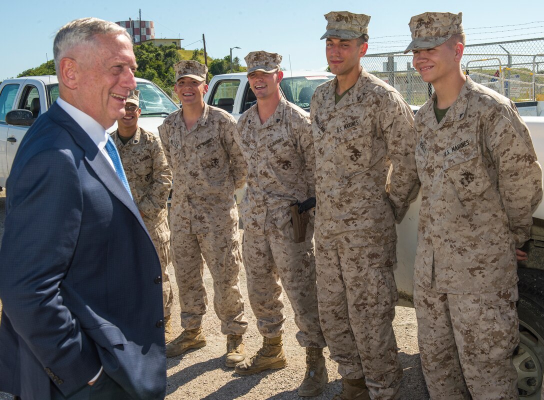 Secretary of Defense James Mattis speaks to Marines attached to U.S. Marine Corps Security Forces Company and Marines from 3rd  platoon, Bravo Co., Fleet Anti-terrorism Security Team, U.S. Marine Corps Security Forces Regiment,  in Naval Station Guantanamo Bay. Secretary Mattis was the first Secretary of Defense to visit to NSGB since 2002.  (U. S. Navy photo by Mass Communication Specialist 1st Class John Philip Wagner, Jr. /Released)