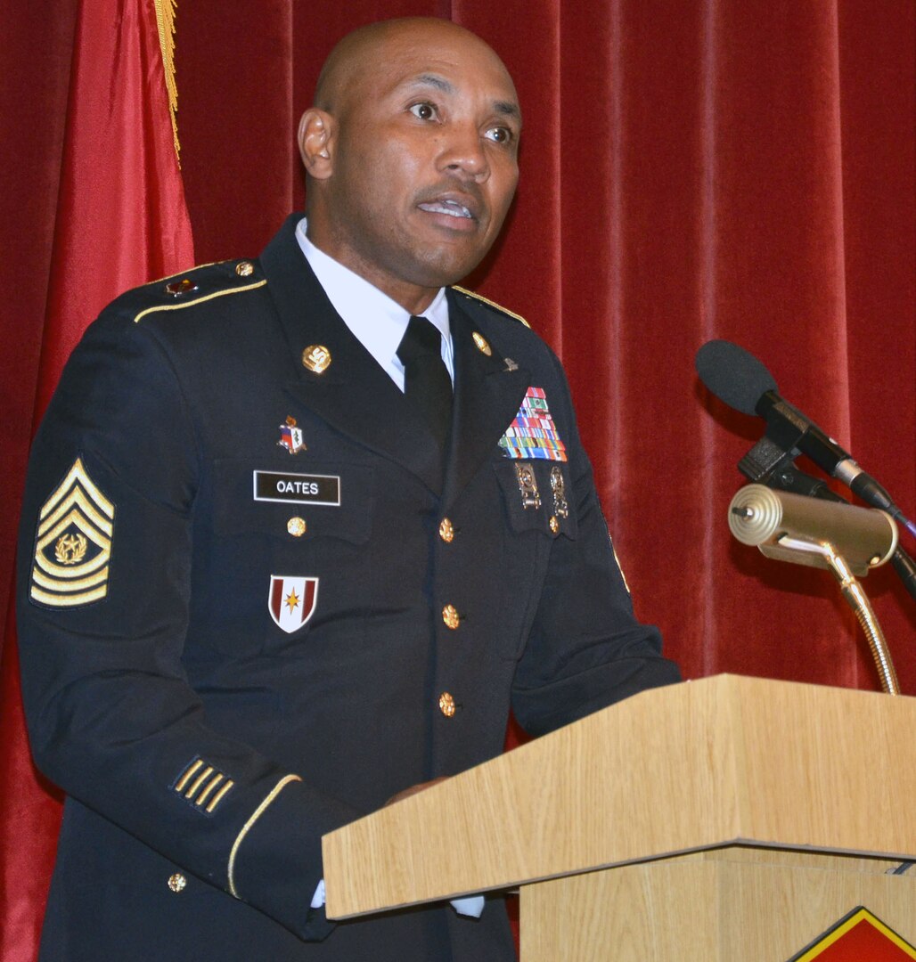 Command Sgt. Maj. Thomas Oates speaks Jan. 17 about the impact of Martin Luther King Jr.’s words and wisdom on him during the 2018 Joint Base San Antonio-Fort Sam Houston Martin Luther King Jr. Day observance at the JBSA-Fort Sam Houston Theater. Oates is the command sergeant major for the 32nd Medical Brigade at JBSA-Fort Sam Houston.